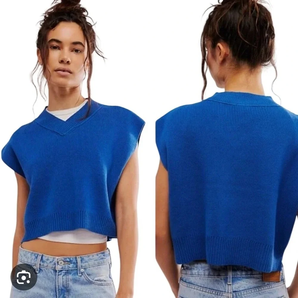 Free People Easy Street Sweater Vest Cobalt Blue Ribbed V-Neck XS OB1751760 - Picture 1 of 11